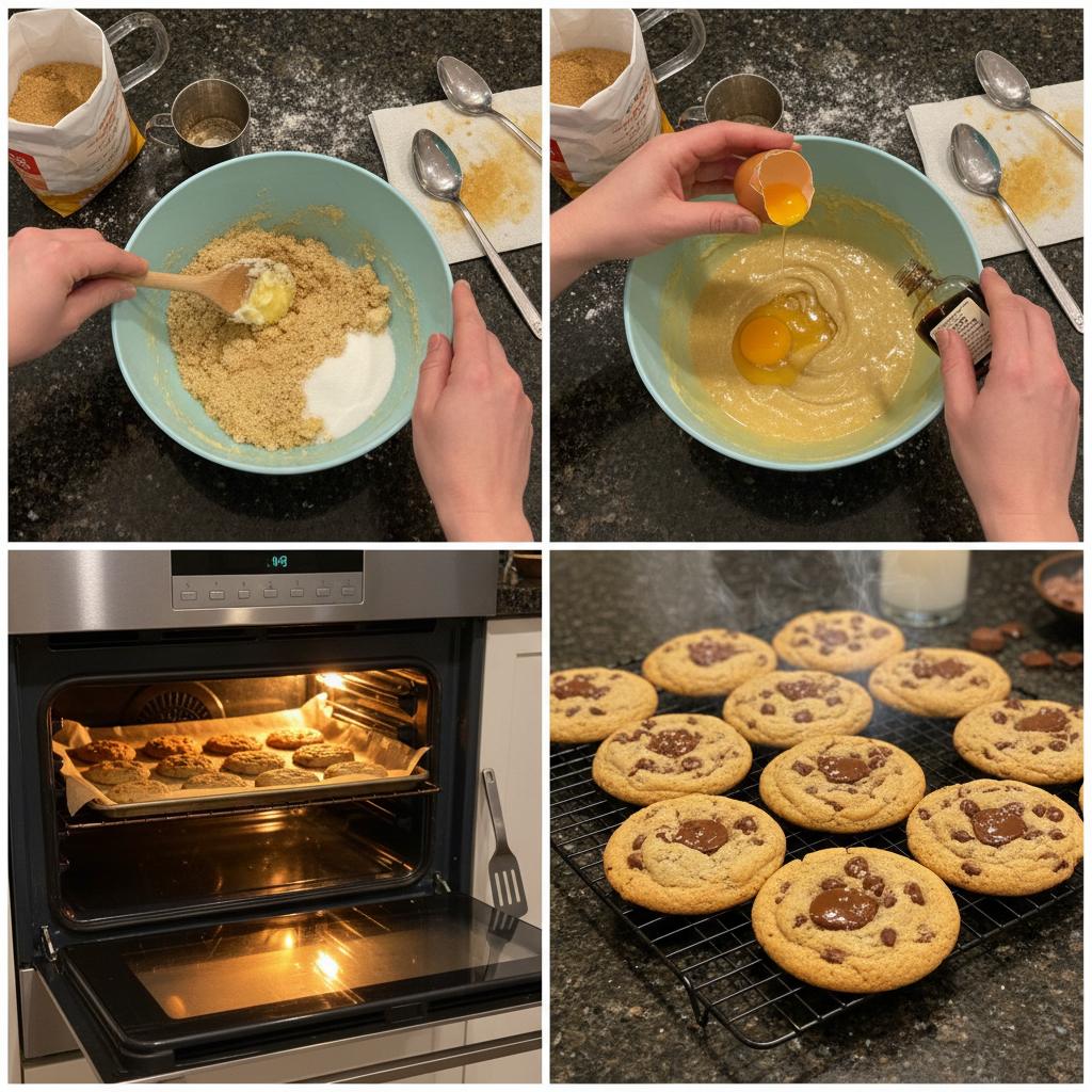 Close-up of preparing soft and chewy chocolate chip cookies dough on baking sheet.
