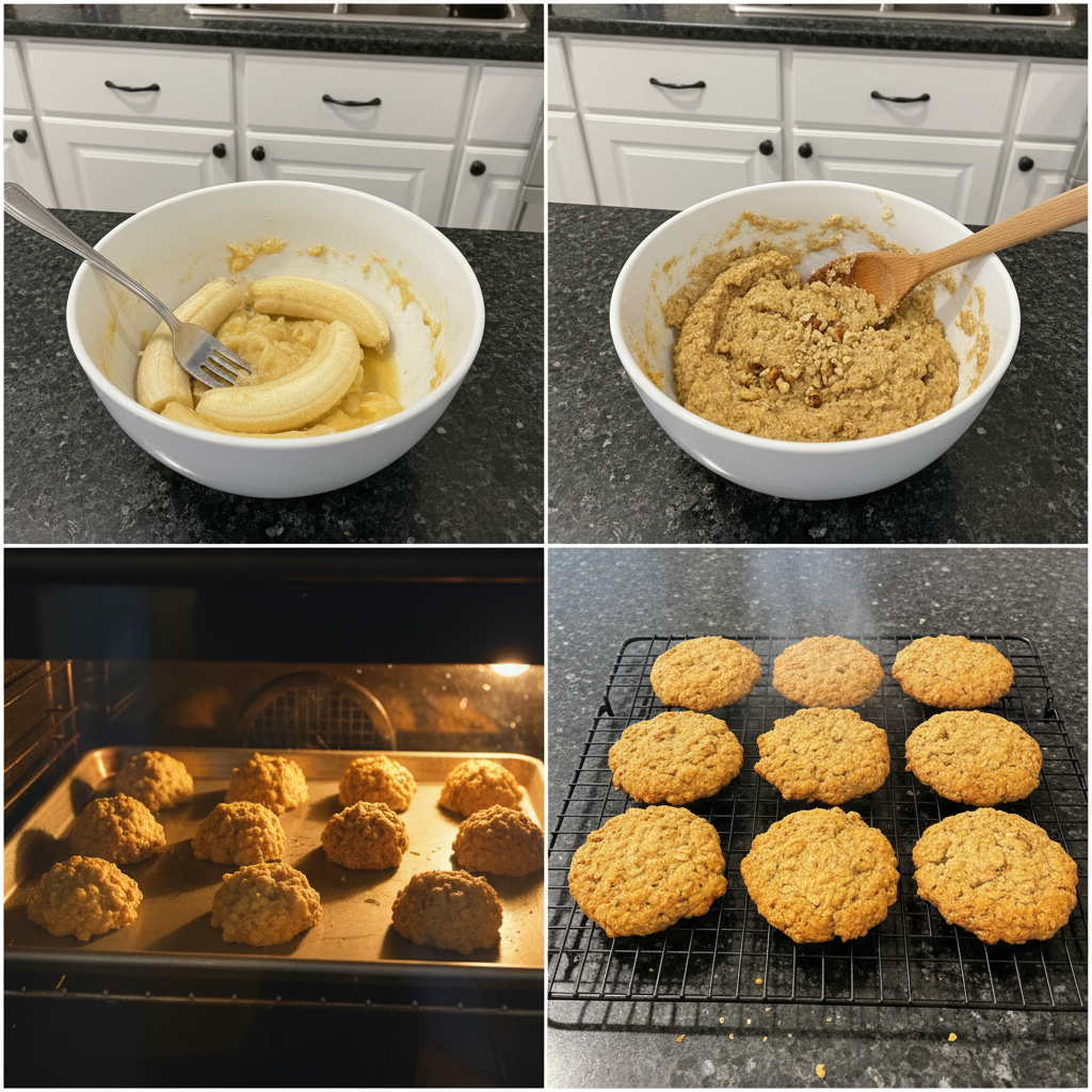 Mashing ripe bananas in a glass bowl to make healthy banana oatmeal cookies.