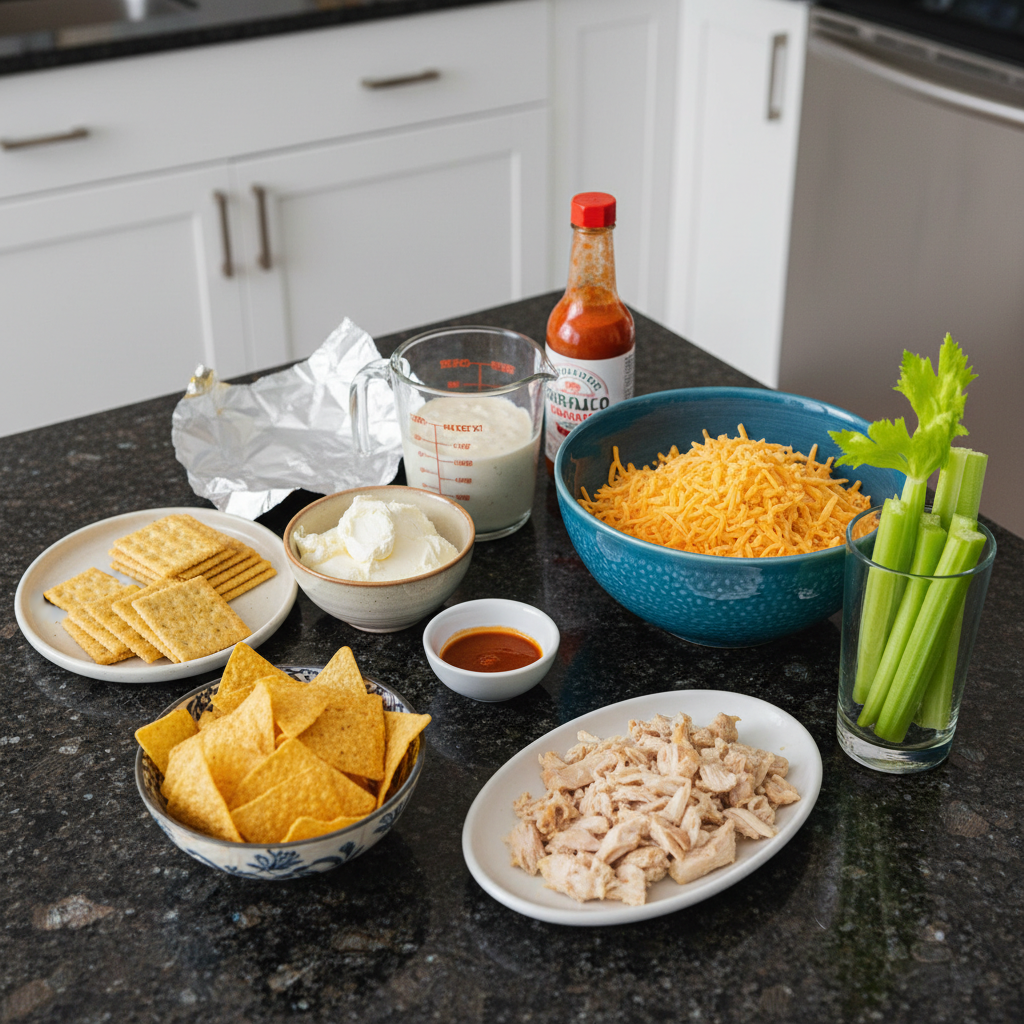 All the ingredients needed for quick buffalo chicken dip: chicken, cream cheese, buffalo sauce, and more.
