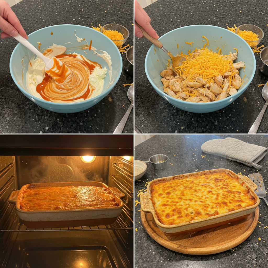 Step-by-step preparation of the quick buffalo chicken dip being mixed in a bowl.