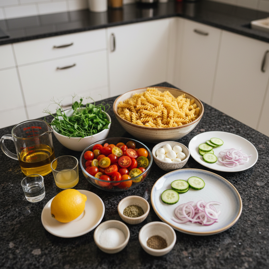 Ingredients for making quick pasta salad, including pasta, vegetables, and dressing.