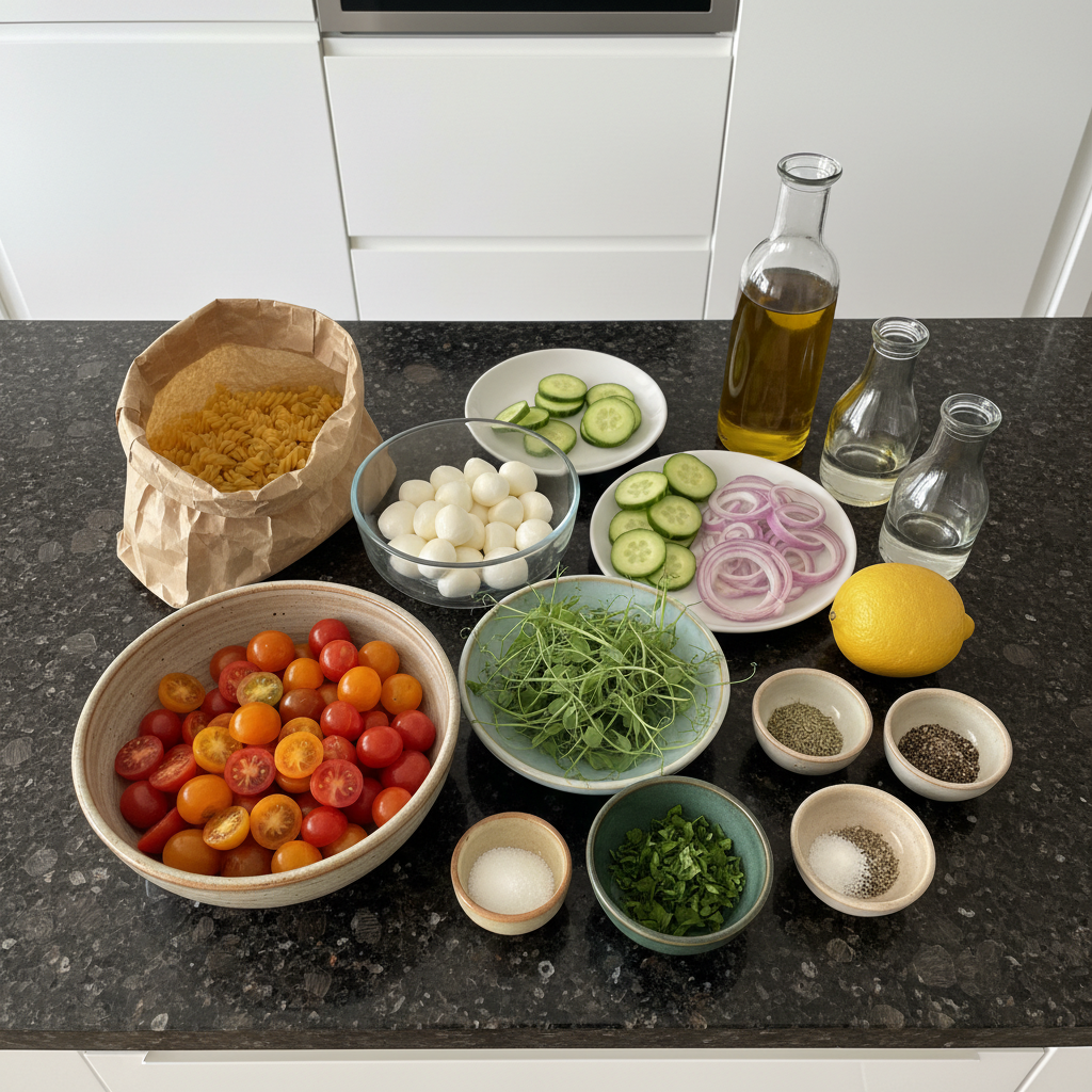 All the fresh ingredients for quick pasta salad ideas laid out.