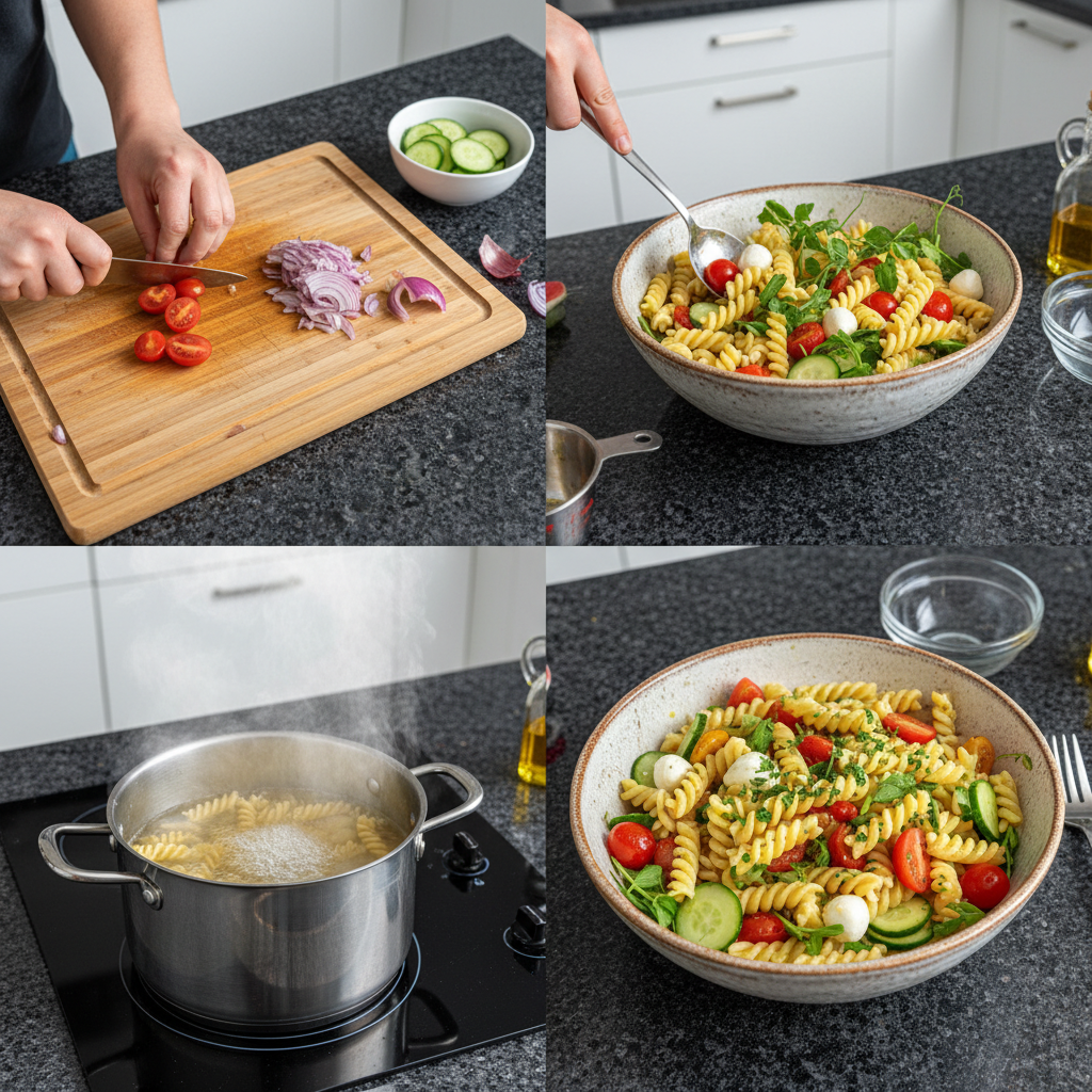 Step-by-step preparation of quick pasta salad, showing the mixing process.