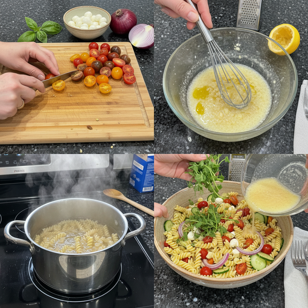 Step-by-step preparation of easy quick pasta salad ideas.