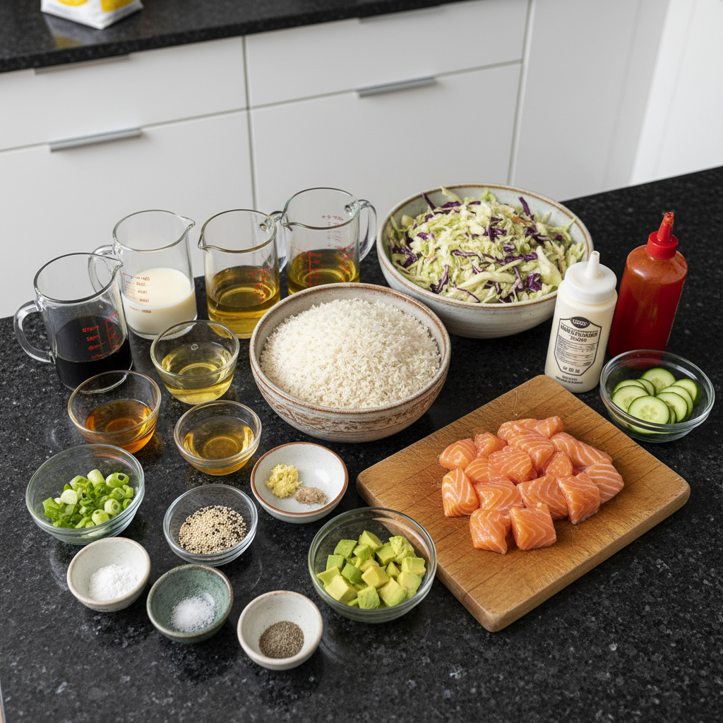 Fresh ingredients for making a salmon rice bowl recipe.