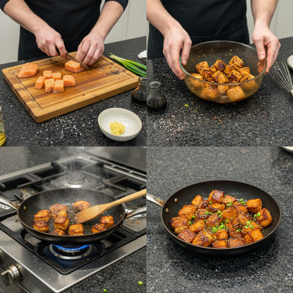 Preparing the salmon rice bowl, adding toppings.