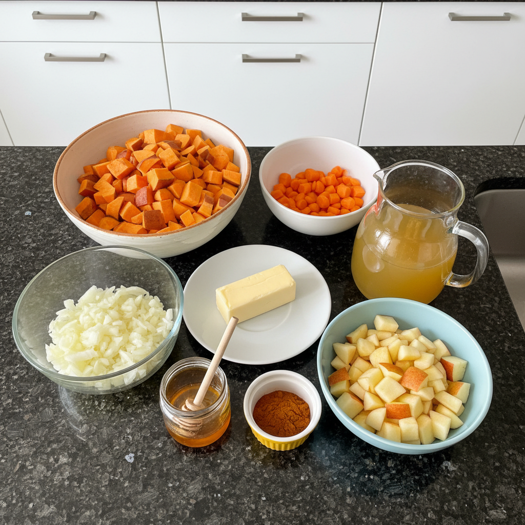 Fresh ingredients for savory sweet potato carrot soup including chopped vegetables and spices.