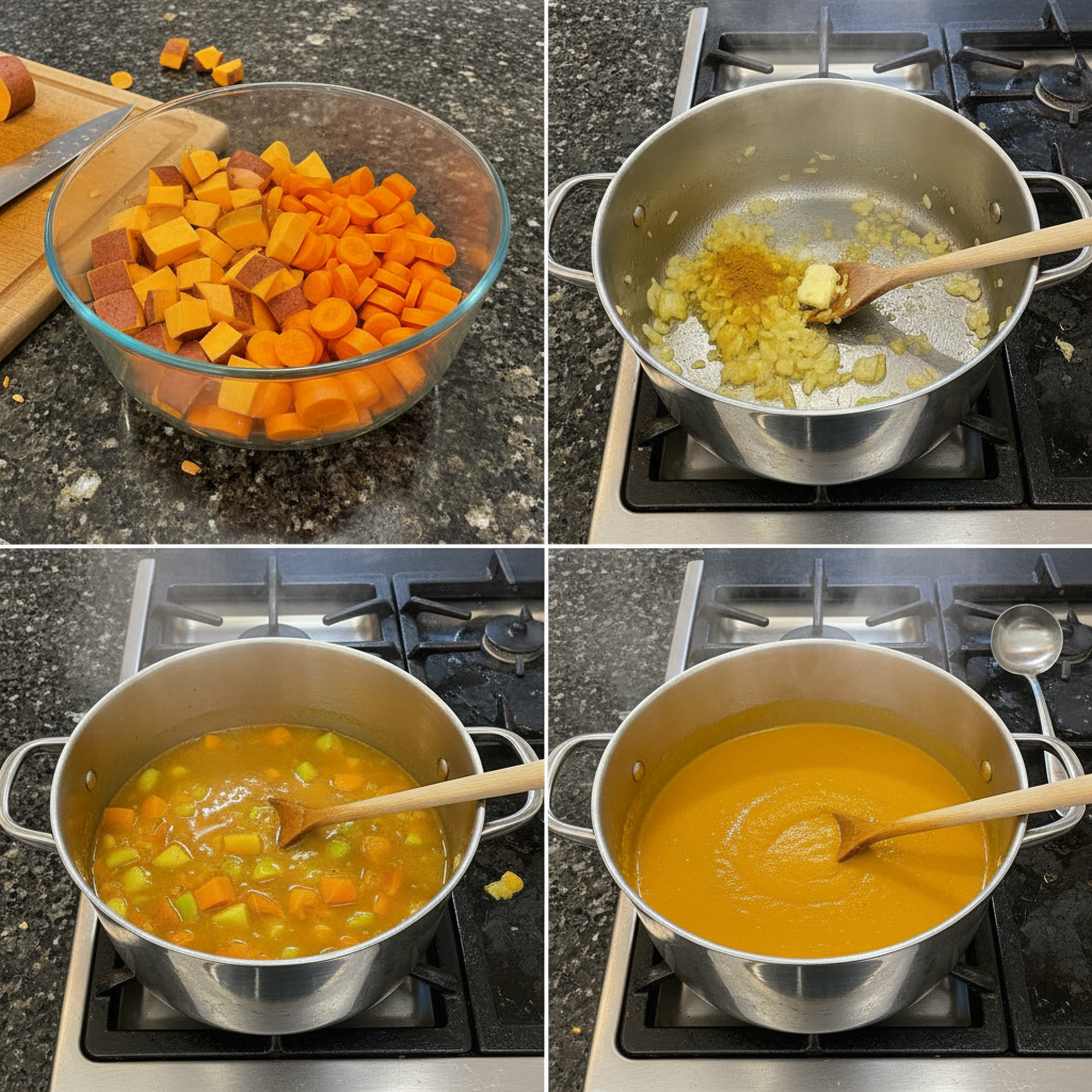 Sautéing vegetables in a large pot for making savory sweet potato carrot soup.