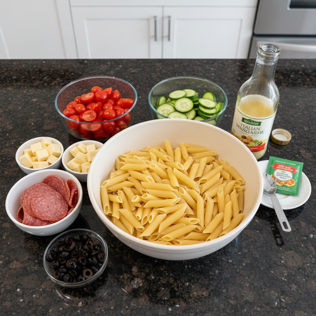 All the fresh ingredients for a simple pasta salad recipe laid out on a wooden surface.