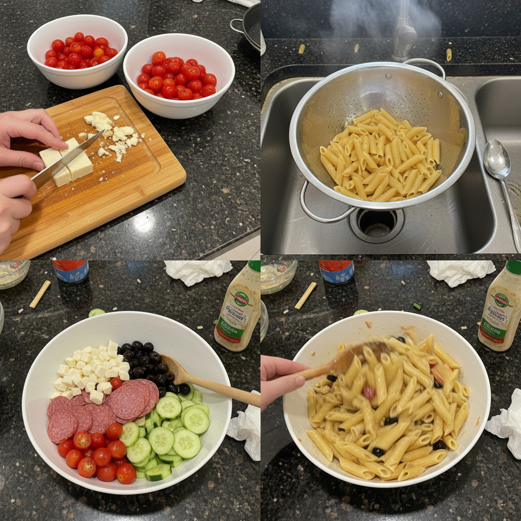 Step-by-step preparation of simple pasta salad recipe with mixing ingredients.