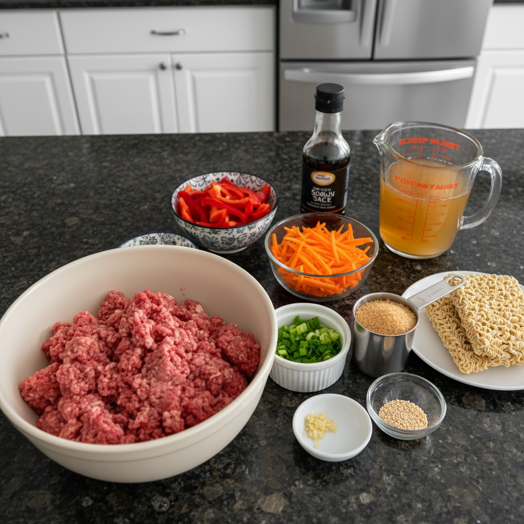 Overhead shot of ingredients for slow cooker beef ramen: beef chuck, ramen noodles, vegetables, and broth.