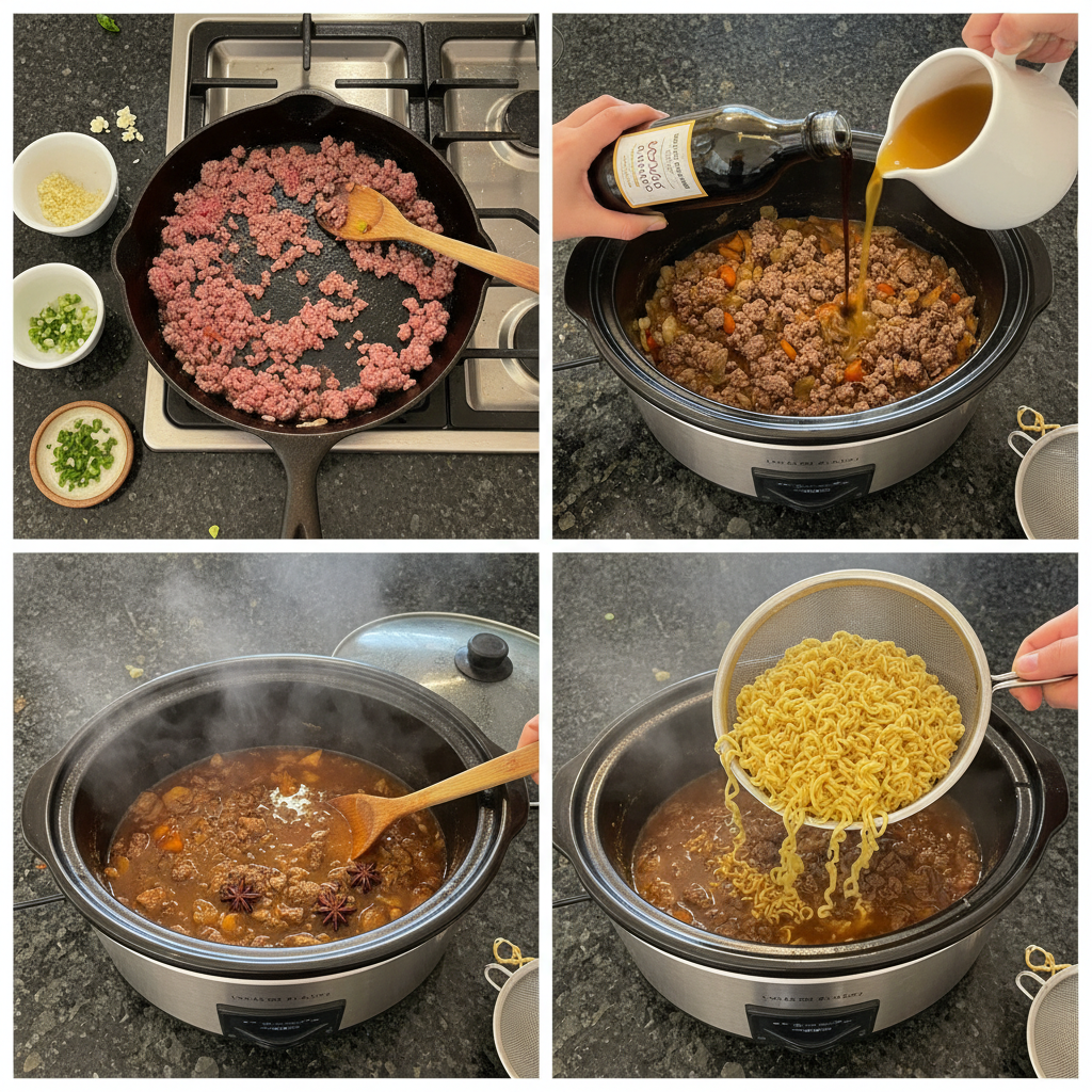 Step-by-step image of beef chuck being added to the slow cooker for slow cooker beef ramen.