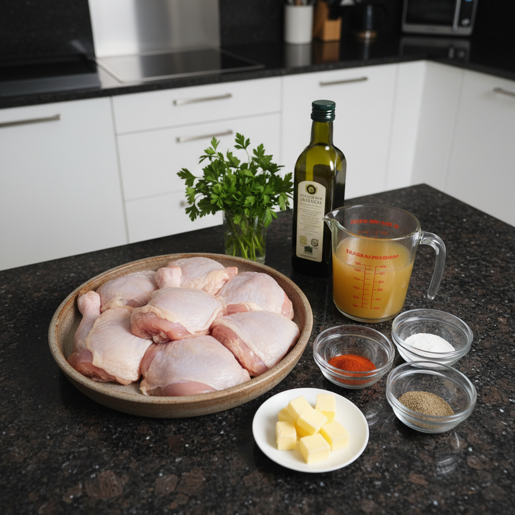 Raw ingredients for slow cooker chicken thighs including garlic, herbs, and spices.
