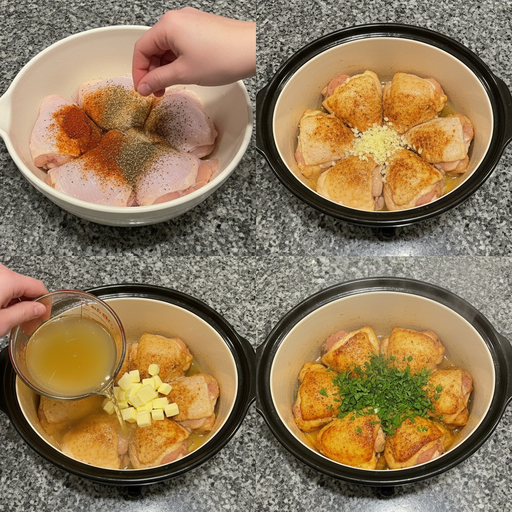 Seasoned poultry being placed into the pot for slow cooker chicken thighs.