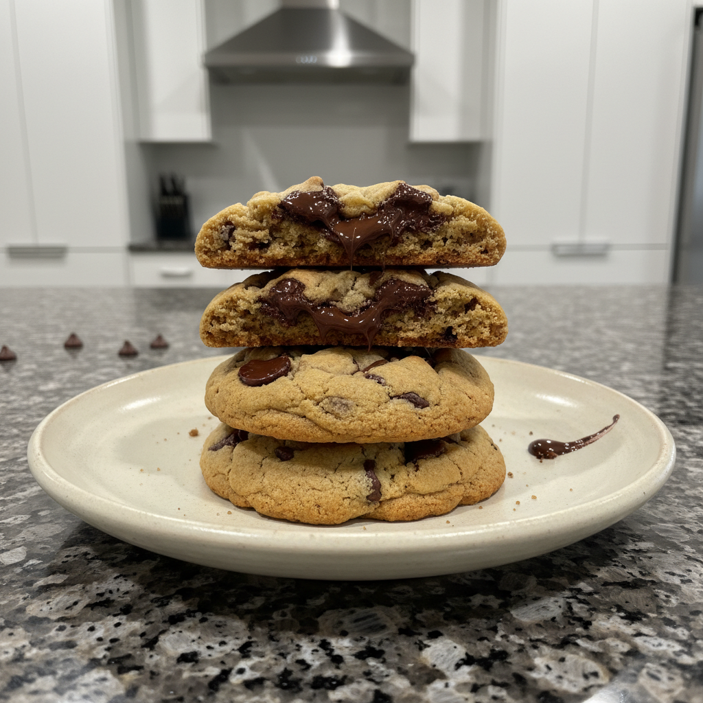 A stack of fluffy pancakes topped with banana slices, almonds, chia seeds, and maple syrup, served with a glass of orange juice.