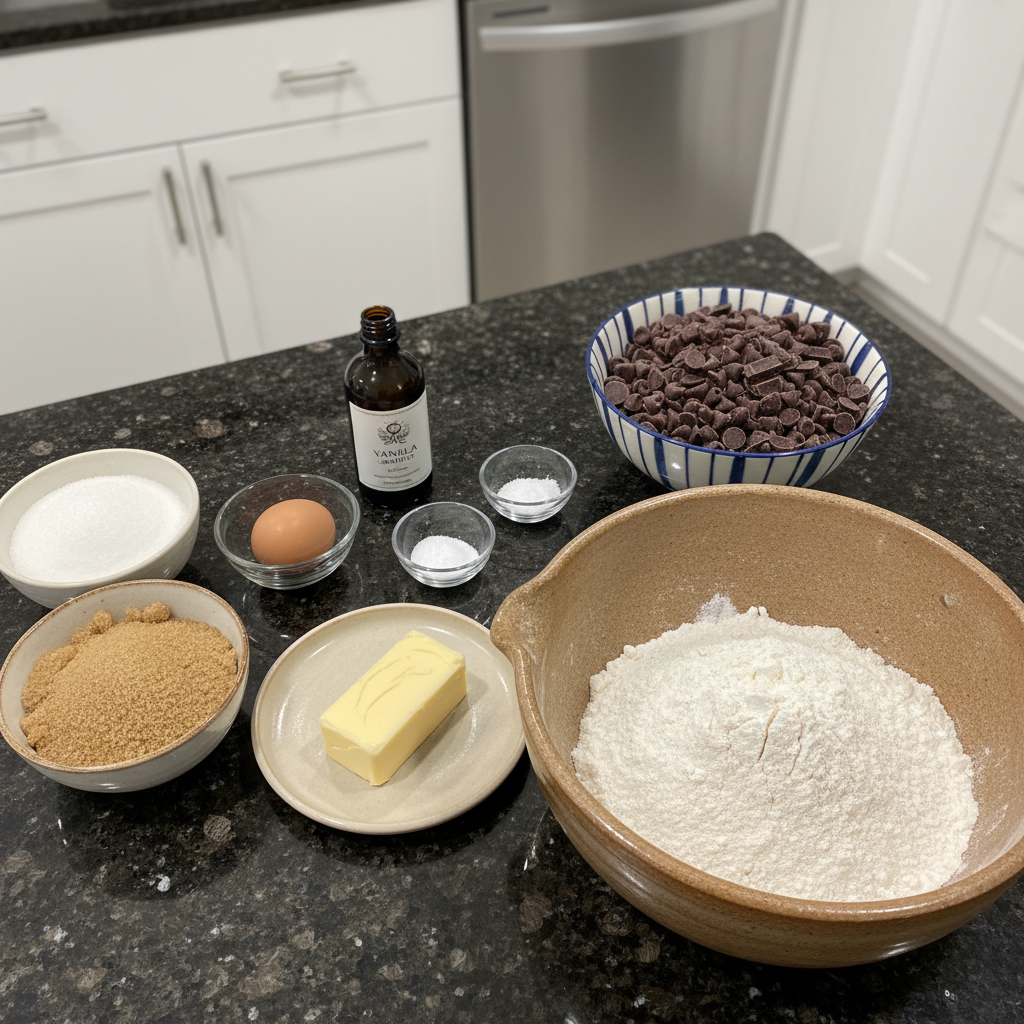 All the ingredients needed to make a soft chocolate chip cookie recipe.