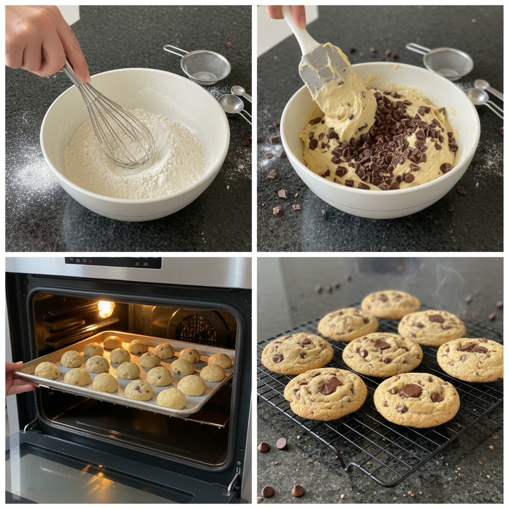 Step-by-step preparation of a soft chocolate chip cookie recipe.