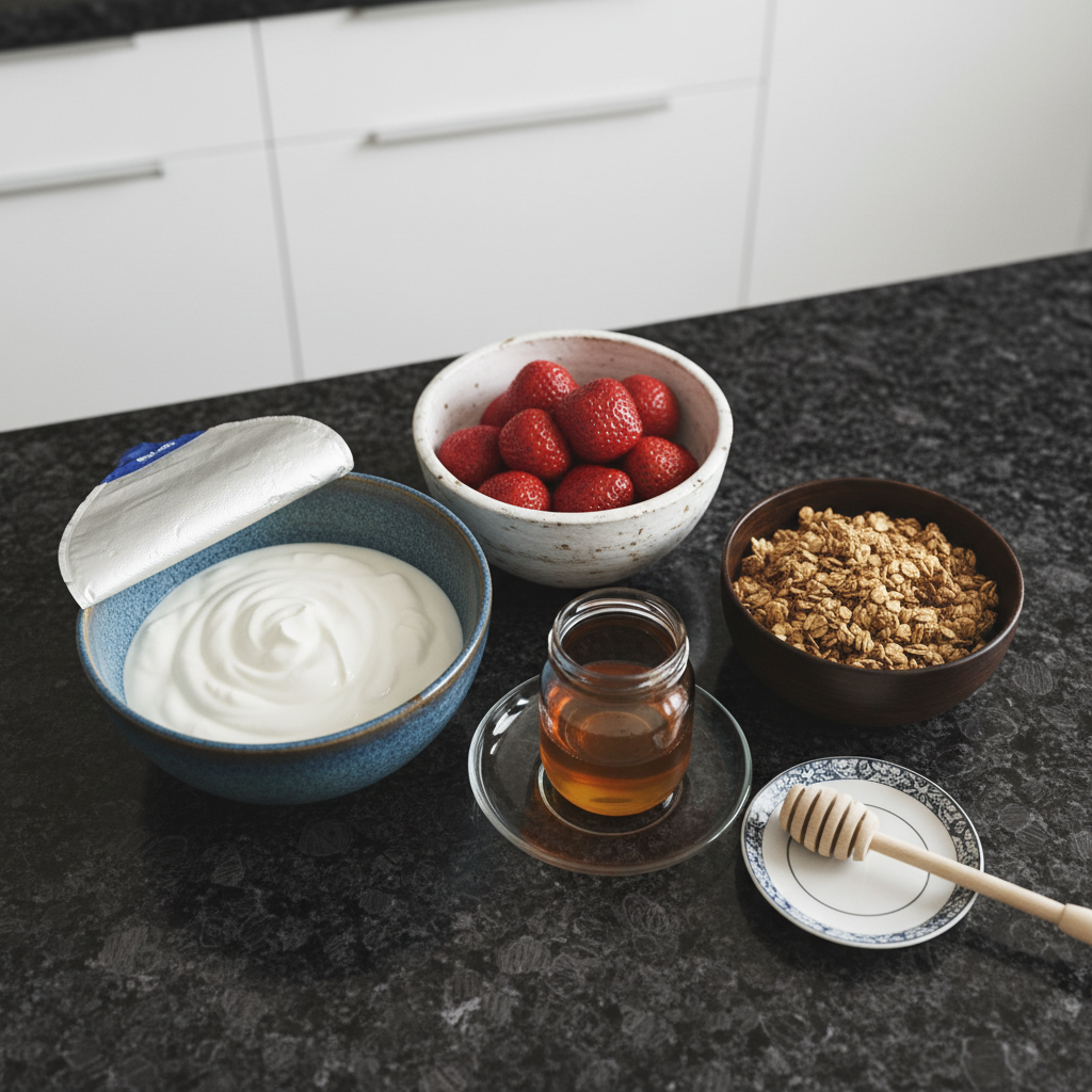 Ingredients for a strawberry yogurt snack including fresh berries, honey, and Greek yogurt.