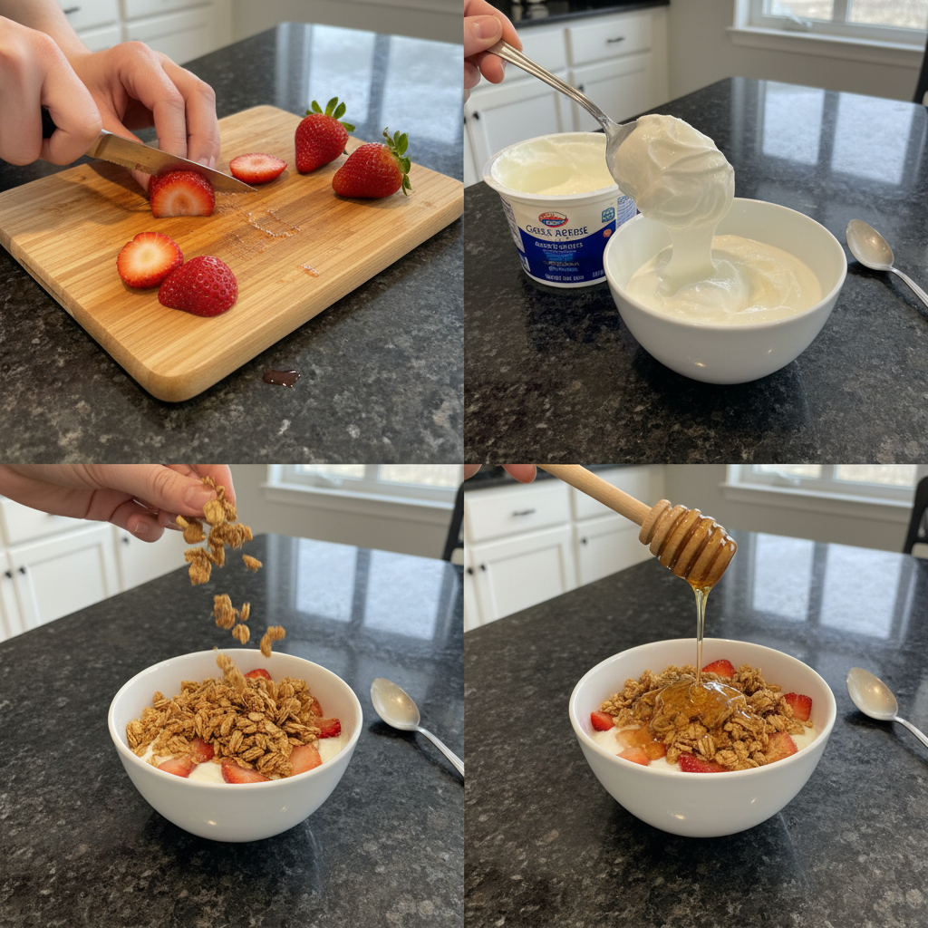 Stirring fresh fruit into a strawberry yogurt snack in a glass bowl.