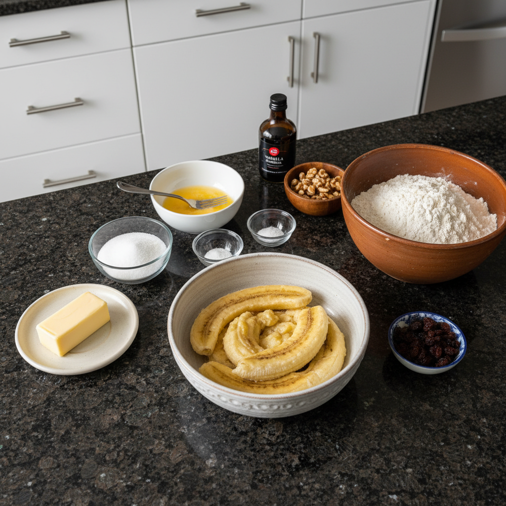 Close-up of ingredients like ripe bananas, flour, and sugar for super moist banana bread.