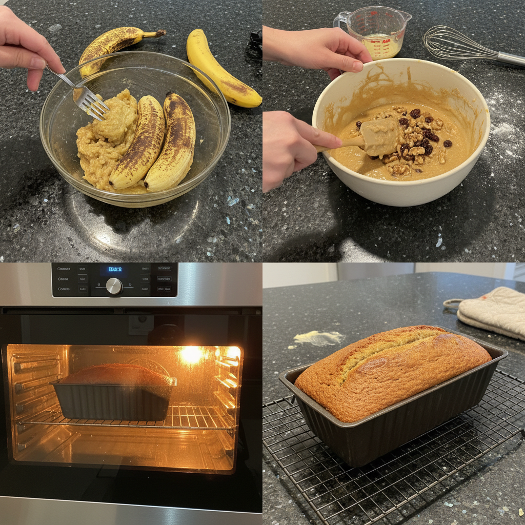 Step-by-step images showing how to prepare super moist banana bread batter.
