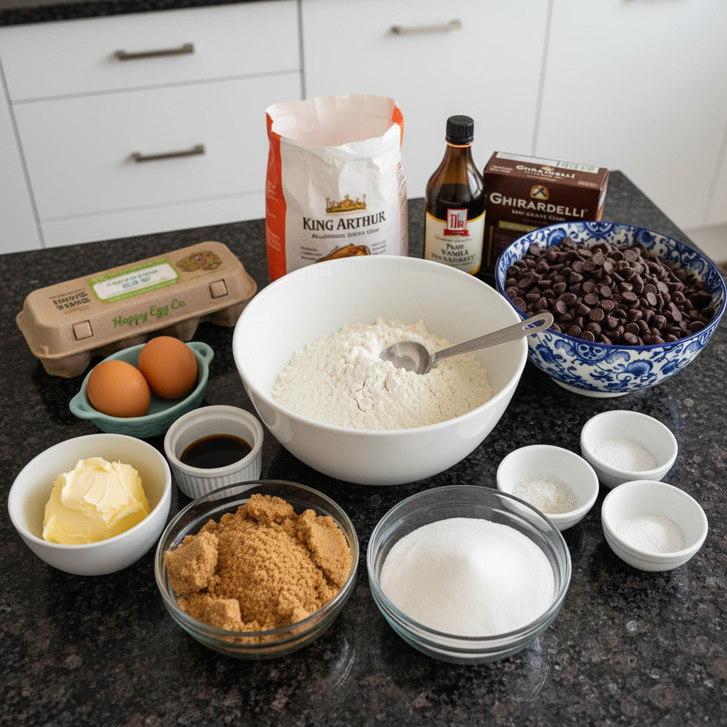 All ingredients needed to bake thick chocolate chip cookies.