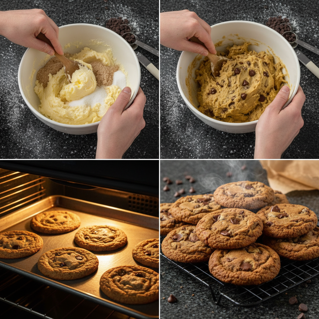 Mixing dough for thick chocolate chip cookies in bowl.