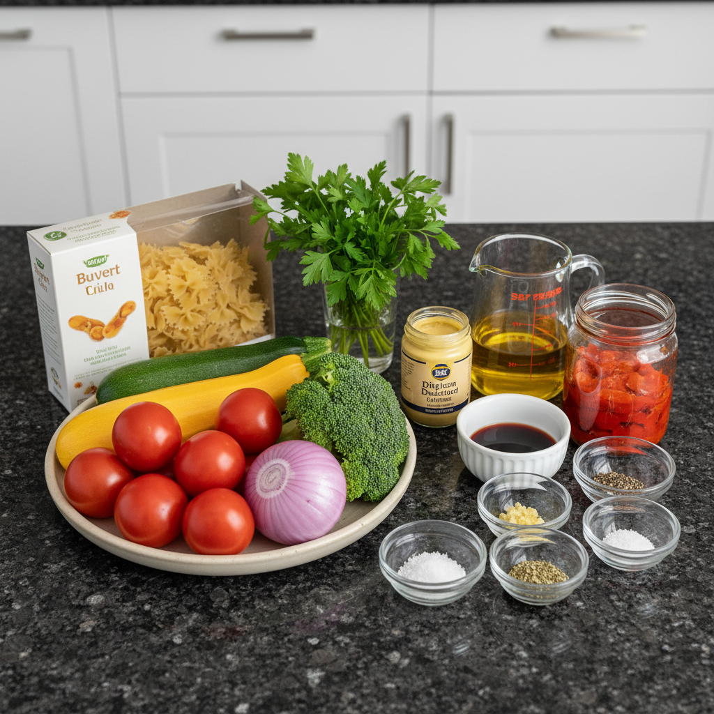Fresh ingredients for vegetarian pasta salad recipe laid out on a wooden surface.