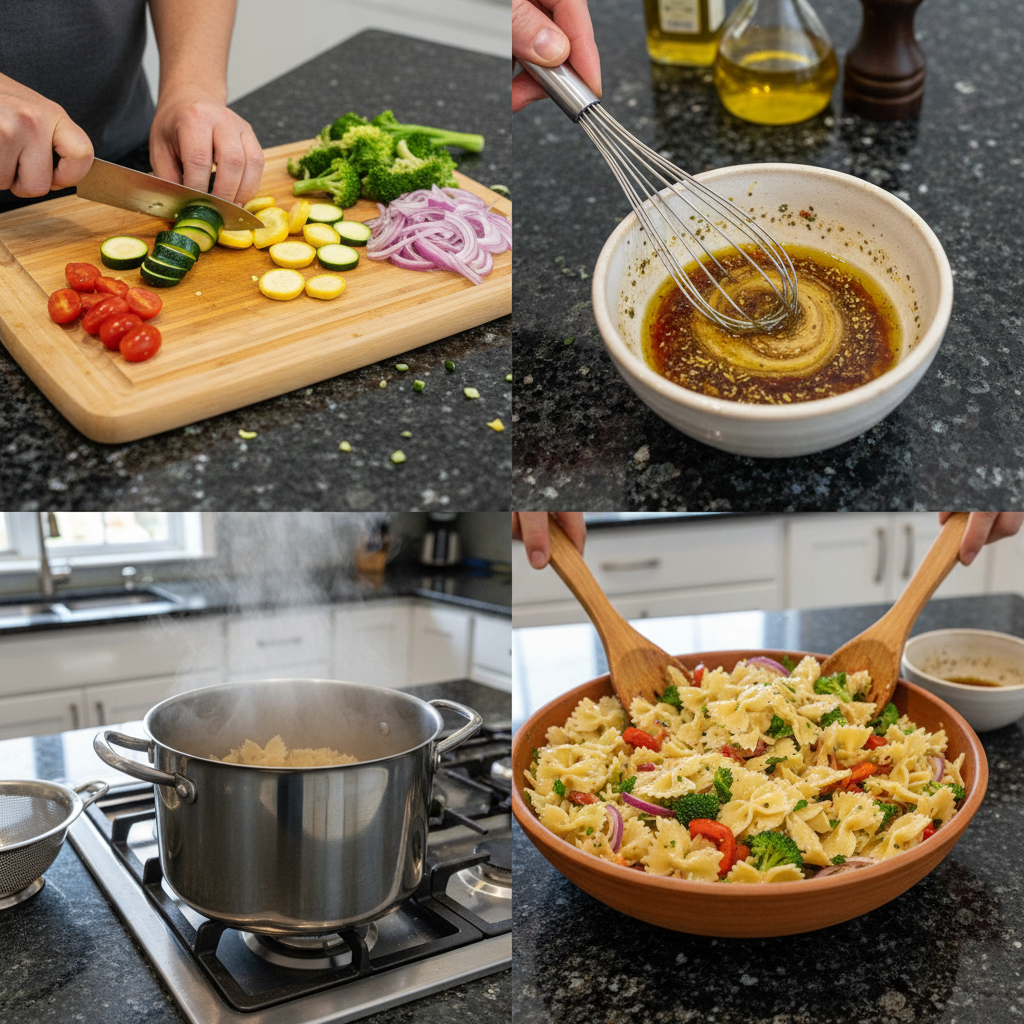 Step-by-step preparation of the vegetarian pasta salad, showing the mixing process.