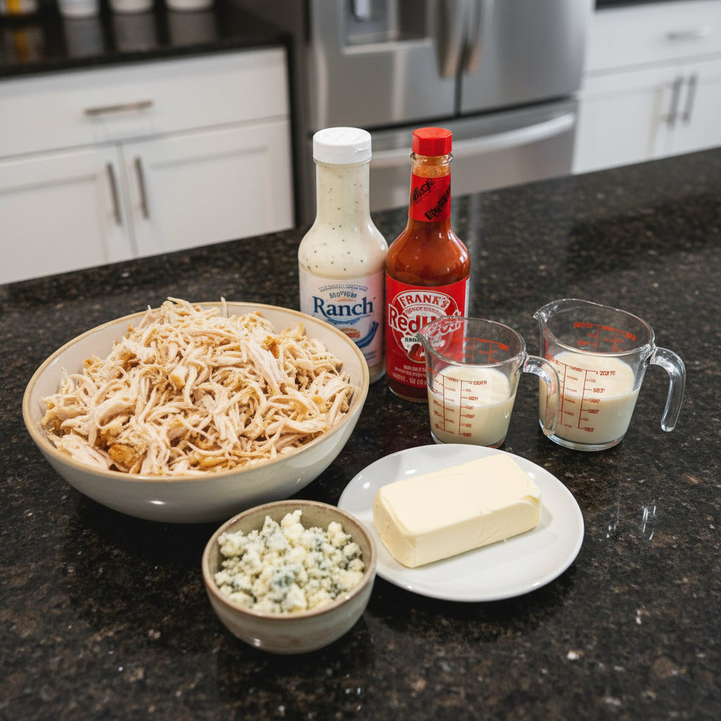 All ingredients needed to make warm buffalo chicken dip recipe laid out on a wooden surface.