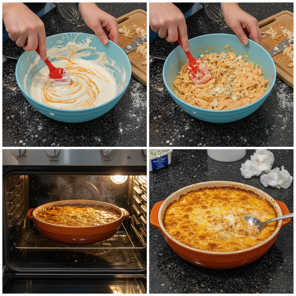 Step-by-step preparation of warm buffalo chicken dip being mixed in a bowl.