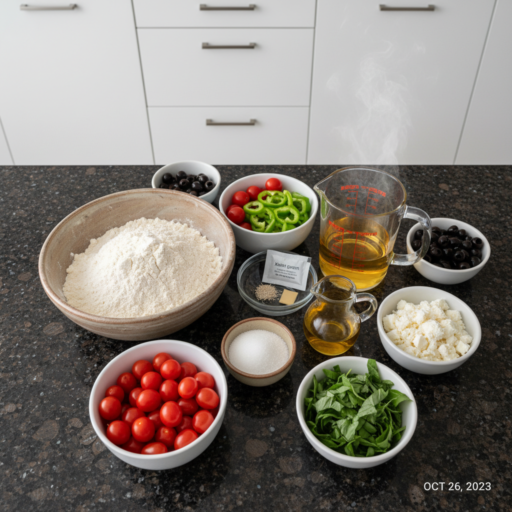 Assorted bowls of almond flour and binders used for making gluten-free pizza crust.