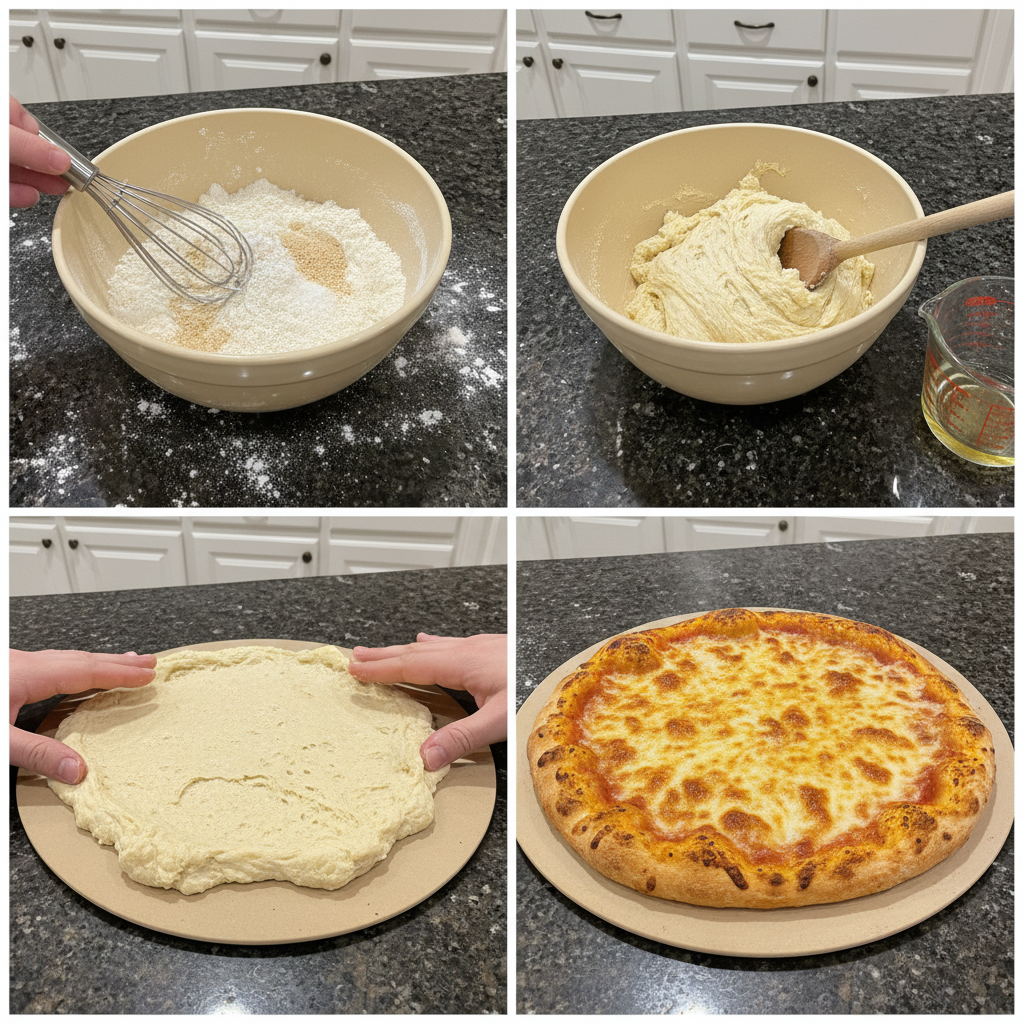 Hand stretching a smooth ball of gluten-free pizza crust dough on a floured surface.