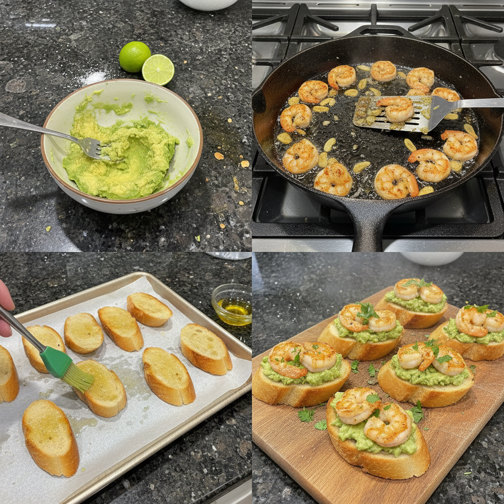 Sautéing garlic and shrimp in a pan for the shrimp crostini topping.