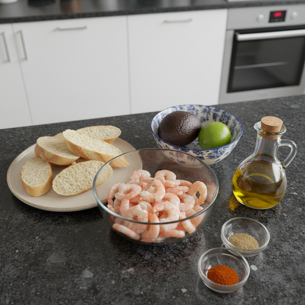 Fresh ingredients for shrimp crostini including raw shrimp, baguette slices, herbs, and lemon.
