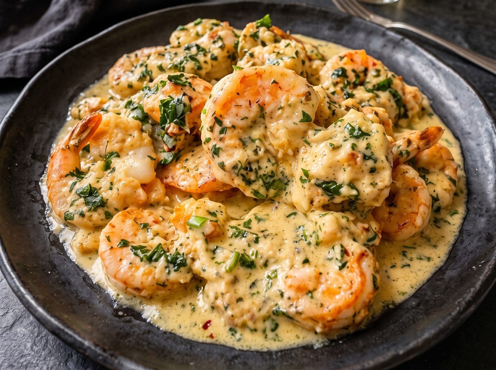 Creamy Garlic Parmesan Shrimp 1 Creamy garlic Parmesan shrimp in a skillet with creamy sauce and chopped parsley.